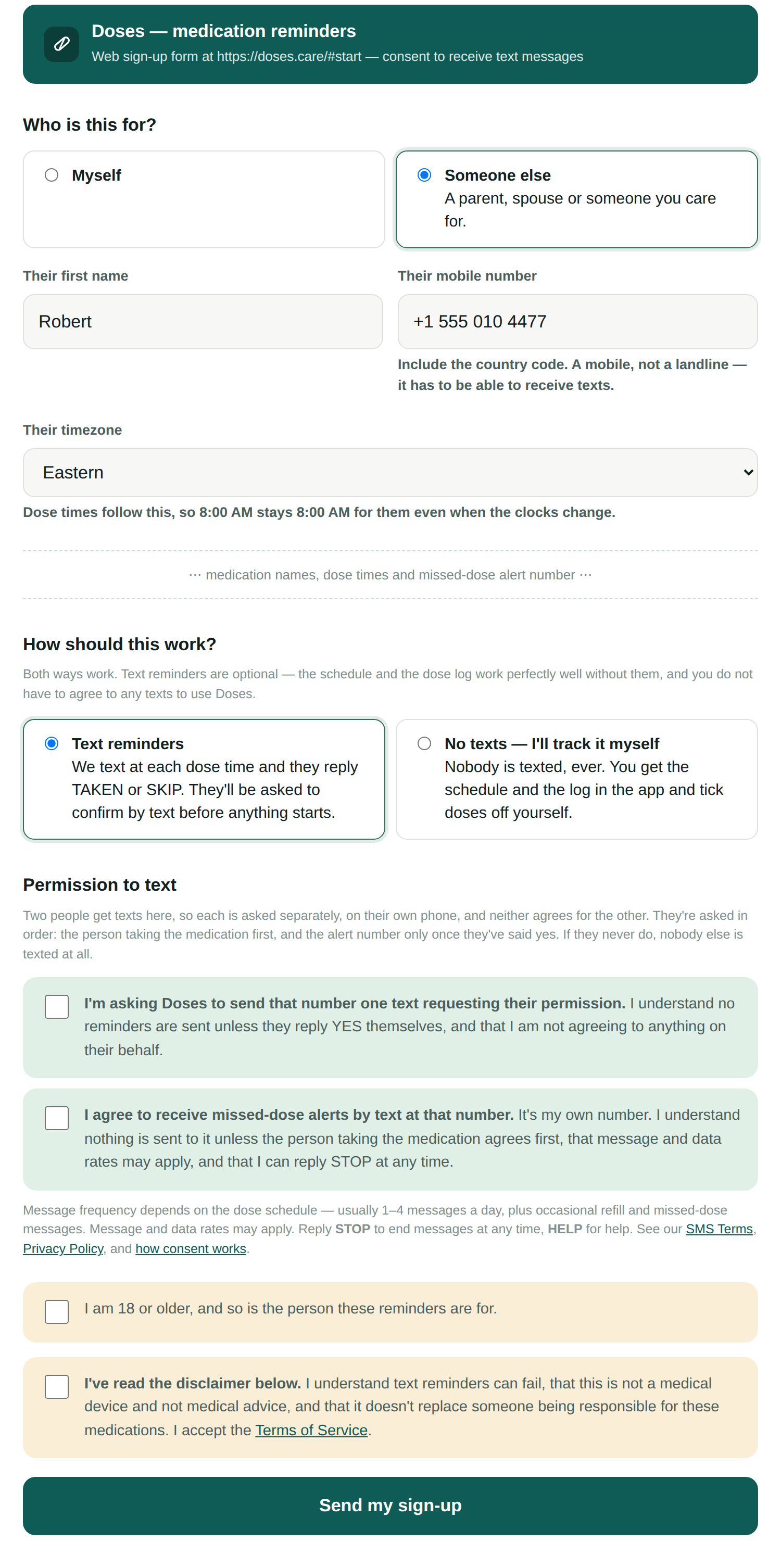 The same form filled in by a family member, showing the checkbox that authorises
      only the single permission request and states that the signer is not agreeing on the
      other person's behalf, alongside the caregiver's own consent for missed-dose alerts.