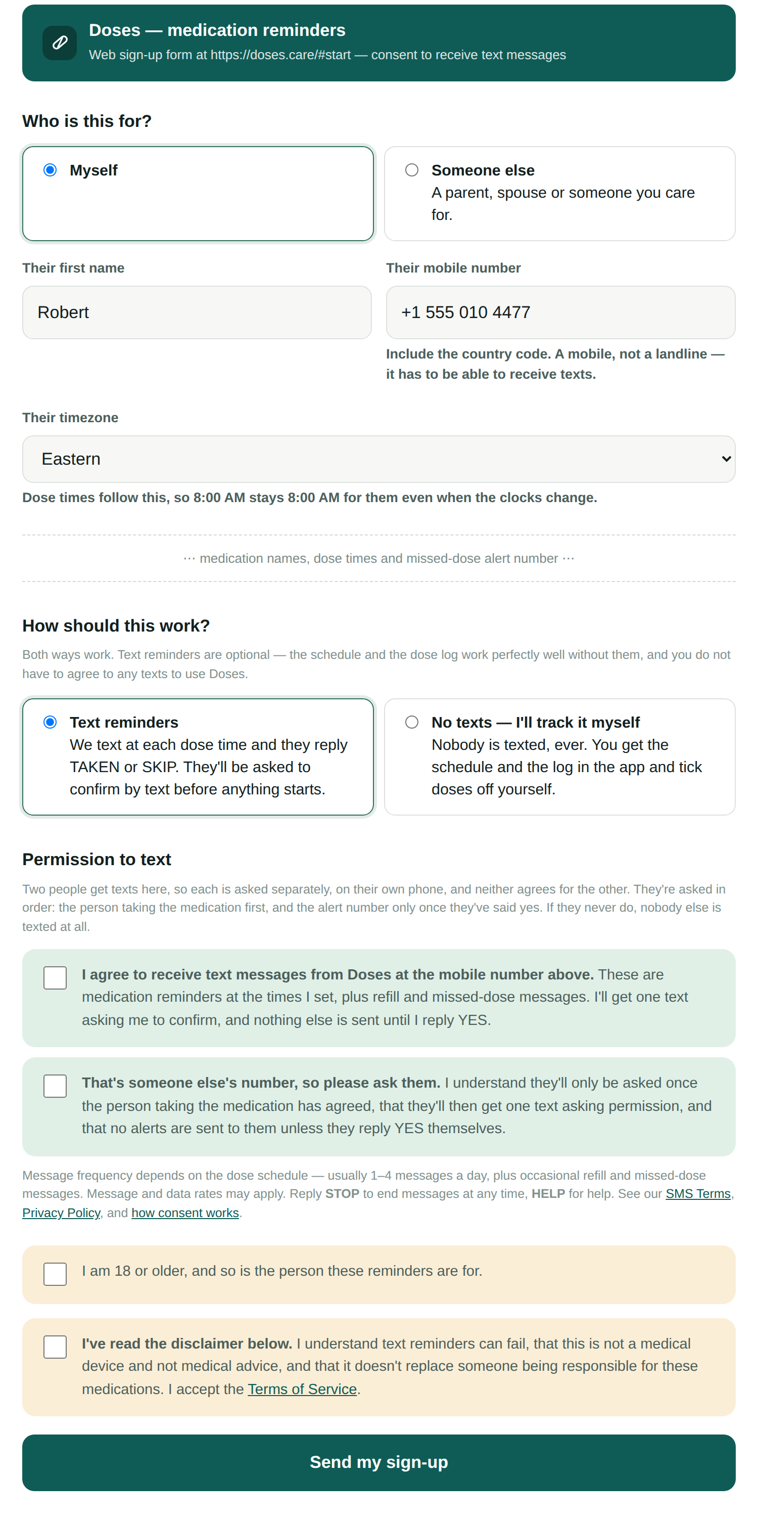 Doses sign-up form showing the optional text-reminder choice, the unticked consent
      checkboxes with their full wording, message frequency, message and data rates, STOP and
      HELP instructions, and links to the SMS Terms and Privacy Policy.